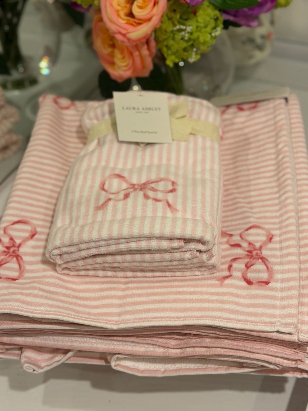 LAURA ASHLEY Pink Bow White Stripe Bath Hand Towel Set 5 Pc